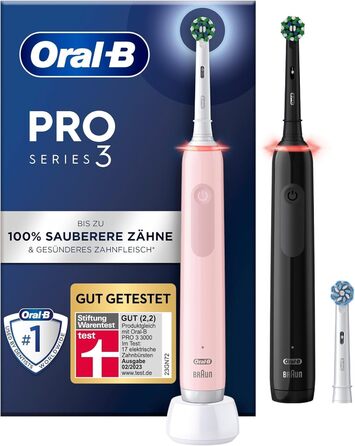 Електрична зубна щітка Oral-B Pro 3 3900, подвійна упаковка та 3 щітки, з 3 режимами чищення та візуальним регулюванням тиску на 360 для догляду за зубами, подарунок чоловіку/жінці, чорний/рожевий