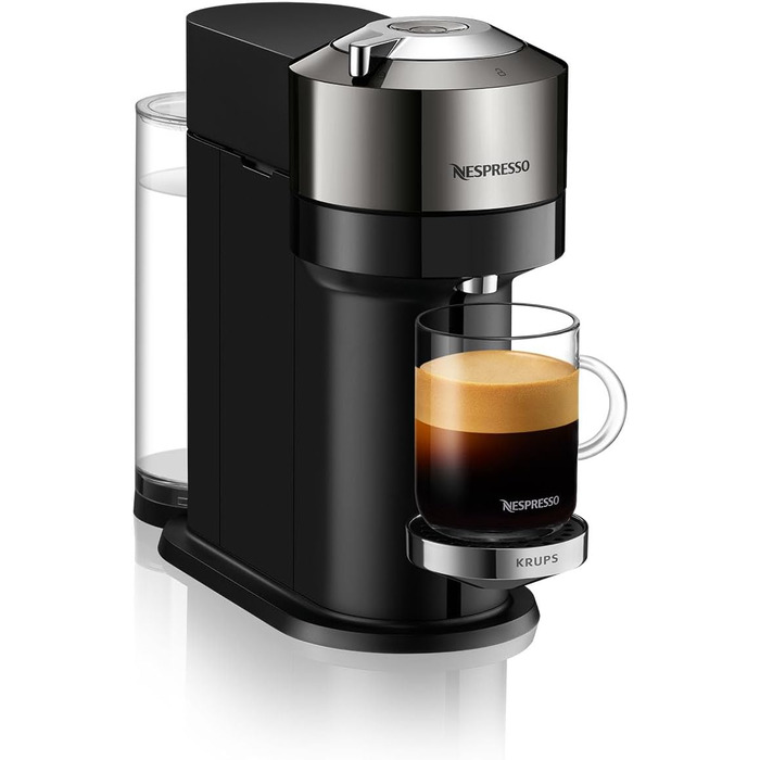 Кавова капсульна машина Nespresso Krups XN910C Vertuo Next Резервуар для води 1,1 л Розпізнавання капсул за штрих-кодом 6 розмірів чашок Функція вимкнення живлення 54 переробленого пластику Темний хром