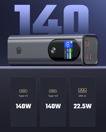 Зовнішня батарея 140W 27000mAh з цифровим дисплеєм та USB C