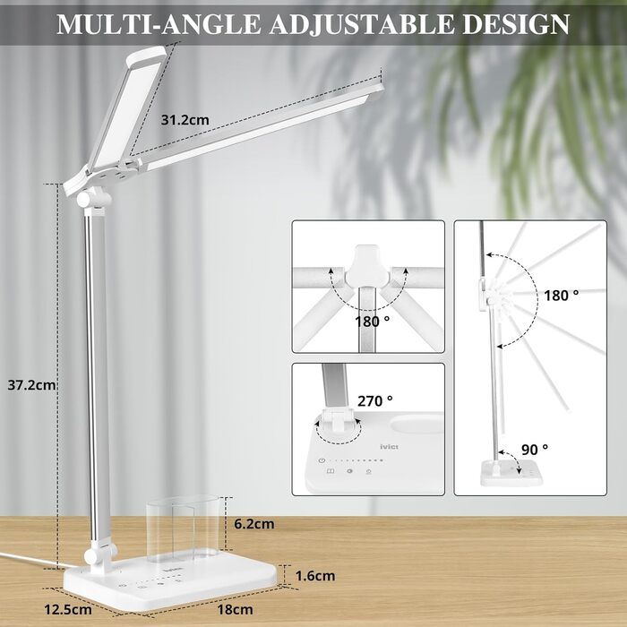 Світлодіодна настільна лампа iVict з подвійним поворотним кронштейном, 5-режимне сенсорне керування рівнями яскравості Настільний світильник із 45-хвилинним таймером автоматичного вимкнення, USB-порт для заряджання, функція пам'яті, тримач для ручки для о