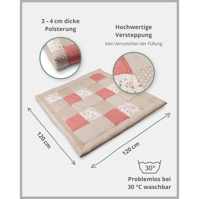 Ігровий килимок для дитини 120x120 см, 100 матеріали Oeko-TEX, Зроблено в ЄС, товстий і м'який, - ідеально підходить як дитяча ковдра та ігрова ковдра для дитини (рожеві квіти, 120 x 120 см)