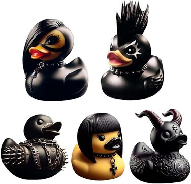 Статуя качки Duckieville Качки Сатани Gothic Punk Ducks Скульптура смоляної чорної рокерської качки Колекційна статуя смоляної качки Готична статуя качки Подарунок для любителів готики, 5 шт.