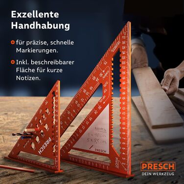 Набір теслярських косинців Presch - 180 мм та 300 мм - Інноваційна поверхня для нотаток, що витирається - Інтелектуальна система свердління для точних діаметрів - Високоточний фрезерований алюміній для точних кутів 90 Набір з 2 шт. 180 мм та 300 мм