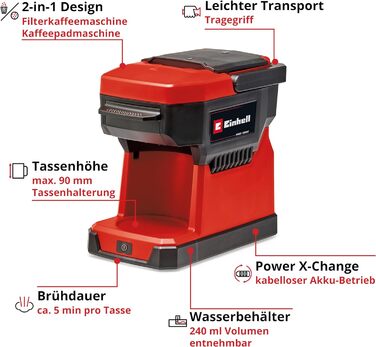 Акумуляторна кавоварка Einhell TE-CF 18 Li-Solo Power X-Change (18 В, 240 мл контейнер для води, для фільтр-кави та кавових капсул, ручка для перенесення, в т.ч. кавова чашка з кришкою, без акумулятора) без акумулятора та зарядного пристрою, в т.ч. чашка 