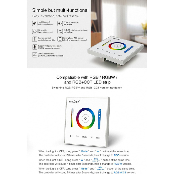 Контролер Miboxer Milight Настінний контролер MiLight TOUCH P3 для RGB CCT від 12-24 В до 5 А для світлодіодної продукції
