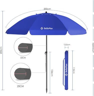 Кругла пляжна парасолька BelleMax вітрозахисна Ø180 см із захистом від сонця UV50