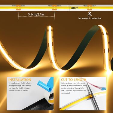 Світлодіодна стрічка YOODI COB 5M, світлодіодна стрічка 24V 3000K тепла біла з радіочастотним пультом дистанційного керування та 8 режимами, світлодіодна стрічка CRI 95 з можливістю затемнення, клейка світлодіодна стрічка для спальні, вітальні, кухні, при