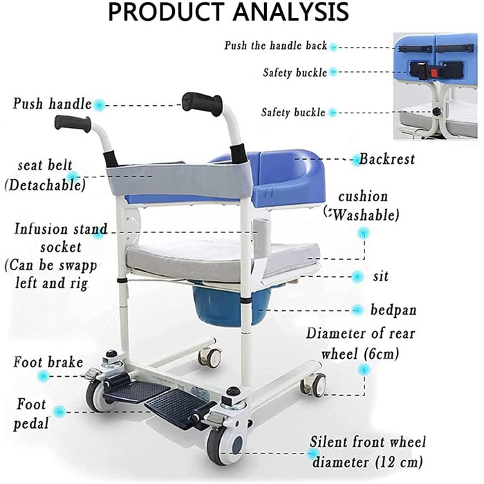 Крісло для перенесення пацієнта для дому, ручне крісло для ванної кімнати з розділеним сидінням на 180 для людей похилого віку, універсальне колесо 360, повітря для ванної кімнати 120 кг/265 фунтів (bl Базовий Ed Bl Базове видання
