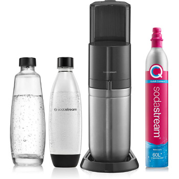 Машина для газованої води SodaStream Duo, з 1 літровою багаторазовою пластиковою пляшкою для води без BPA, скляним графином 1 л для карбонізації та газовим балоном CO2 об'ємом 60 літрів із швидким з'єднувачем, чорна чорна машина