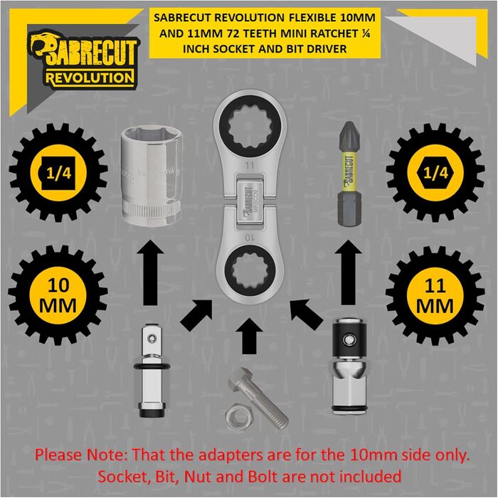 Мм і 11 мм з маленькою мікротріскачкою з шестигранником 6,3 мм (1/4 дюйма) і квадратним адаптером 1/4 дюйма, нержавіюча сталь, малий ключ з храповиком на 72 зуба, 1 шт., MRSC09 Dual Drive Flex 10