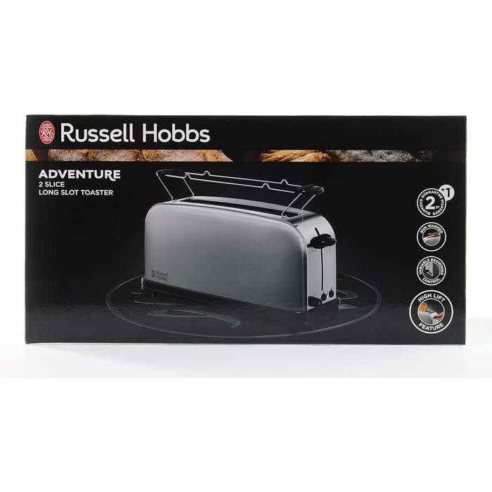 Тостер Russell Hobbs довгий слот для 2 скибочок / 1 широкий шматок хліба Adventure з нержавіючої сталі (дуже широкий слот для тостів, включаючи насадку для булочки, 6 рівнів підрум'янювання функція розморожування, 1000 Вт) 21396-56