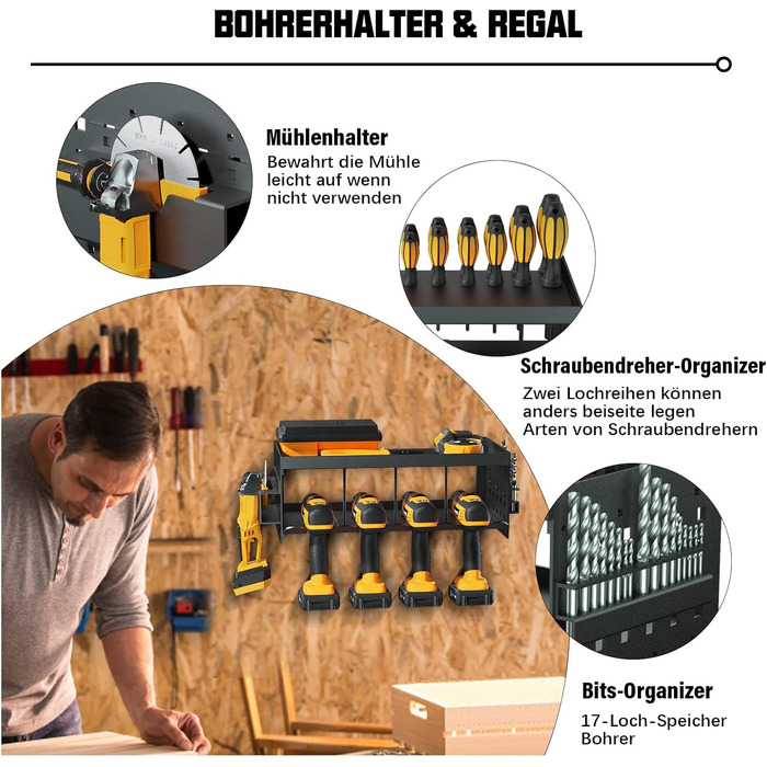 Зберігання інструментів Зберігання Настінне кріплення Акумуляторний ударний дриль-шуруповерт, 4 слоти Надміцний електричний дриль Настінна стійка для зберігання Організація викрутки Тримач інструментів Стійка для інструментів