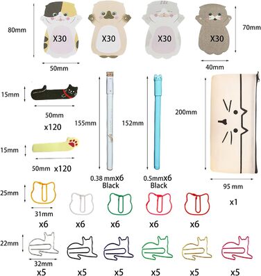 Шкільне приладдя для кішок DUGYIRS 360 аркушів Милі коти Наліпки 60 шт. Кішки Скріпки Затискачі для закладок 12 шт. Креативна гелева ручка для кішок і ука біла сумка для кішок для шкільного офісу
