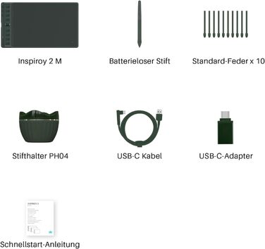Графічний планшет HUION Inpiroy 2 Портативний планшет для малювання 6,3 x 3,9 дюйма з 8192 пучками без батарейок, 6 актів друку ролик, для Windows Mac Linux Android ChromeO Roa (M, Green)
