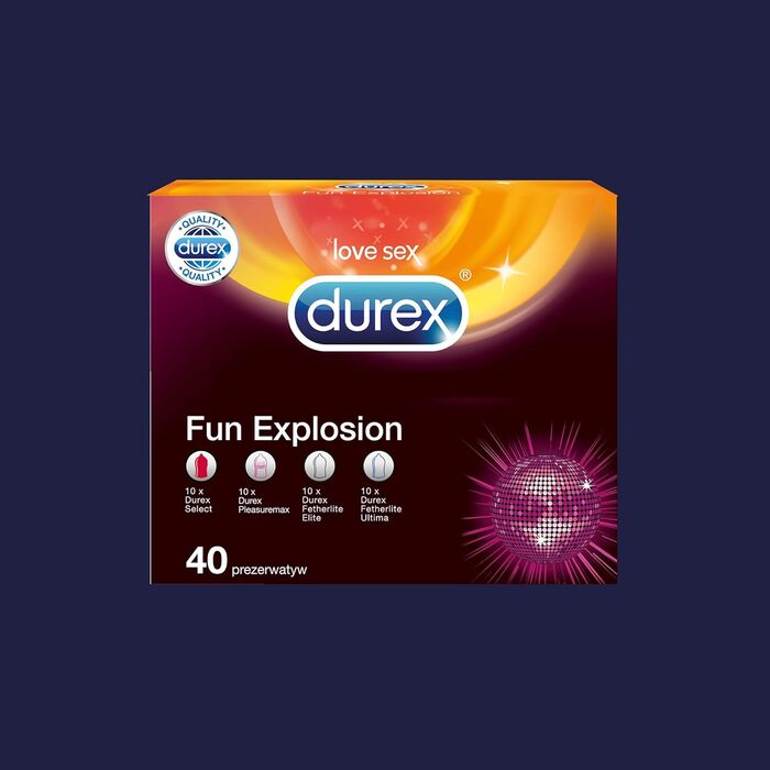 Презервативи Durex Fun Explosion, гумові різні різновиди для захоплюючого різноманіття - Контрацепція, яка приносить задоволення 40 упаковок (1 x 40 шт. ), чорні