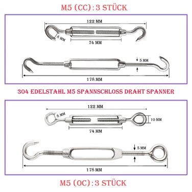 Набір натягувачів дроту Turnbuckle M5, з талрепом M5 з нержавіючої сталі, затискачем для троса 3 мм з нержавіючої сталі, тросовими наперстками 3 мм і прес-затискачем 3 мм алюміній для затягування натягнутої мотузки, 30 шт.