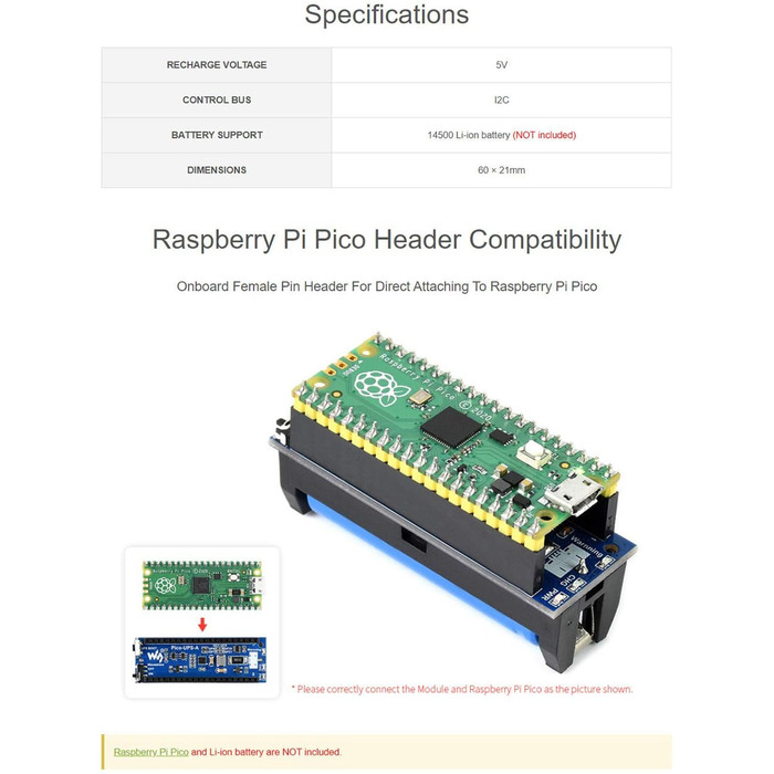 Модуль ДБЖ для Raspberry Pi Pico, джерело безперебійного живлення HAT Підтримуйте роботу Pico під час підзарядки, моніторинг стану батареї через I2C