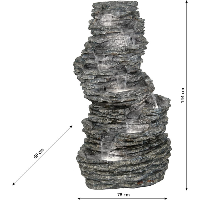 Садовий фонтан Dehner Torino зі світлодіодним освітленням, кам'яний вигляд, приблизно 144 x 78 x 69 см, 55 кг, полістоун, сірий