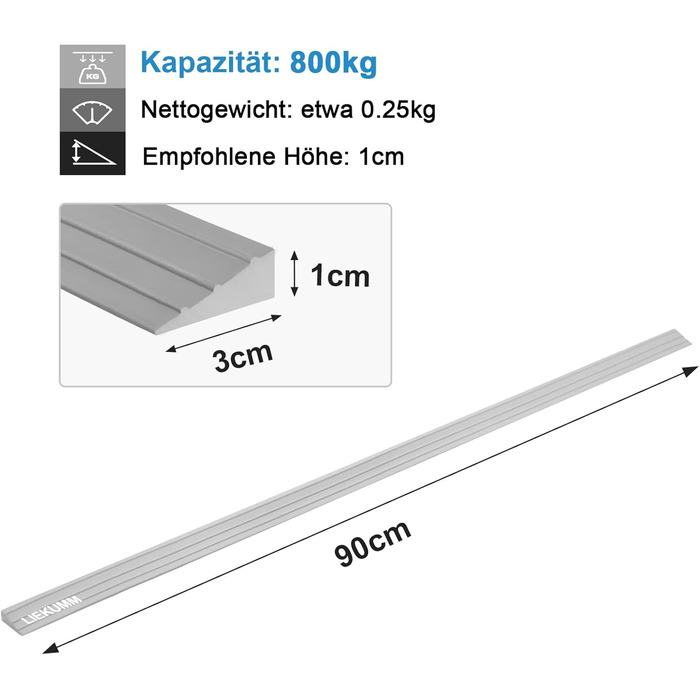 Портативний ПВХ пороговий пандус, навантаження 800 кг, пандус для інвалідного візка, пандуси довільного різання, підходить для внутрішнього та зовнішнього використання, ванна кімната, двері, супермаркет, гараж (сірий) 1 см сірий, 1CM