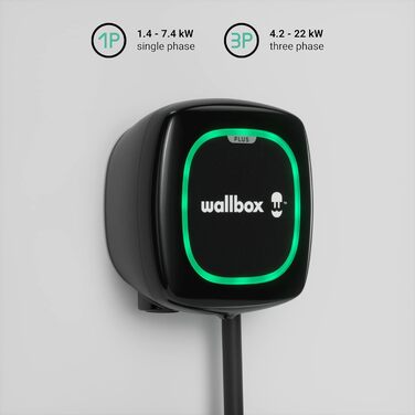 Зарядний пристрій Wallbox Pulsar Plus для електромобілів. З регульованою потужністю до 22 кВт. Зарядний кабель типу 2, сумісний з Wi-Fi і Bluetooth. (Тип 2-7,4 кВт 5 м, чорний)