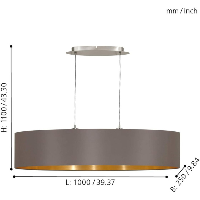 Підвісний світильник EGLO Maserlo, підвісний світильник з текстилю на 3 полум'я, підвісний світильник з металу в сріблі з абажуром кольору капучино і золота, цоколь E27, Ø 53 см (підвісний світильник, довжина 1 000 мм)