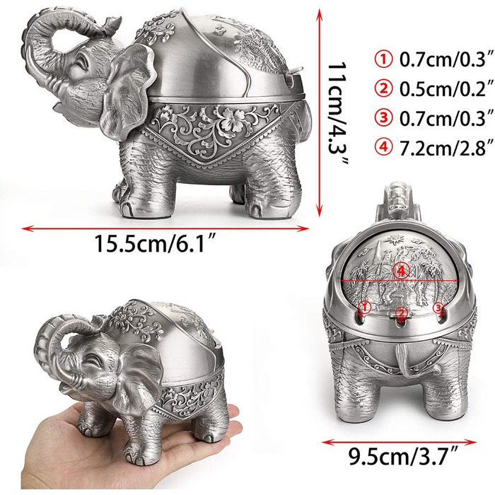 Вітрозахисна вінтажна попільничка з кришкою - форма слона, настільна попільничка, для приміщення і вулиці, ретро, для дому, офісу, оздоблення срібло