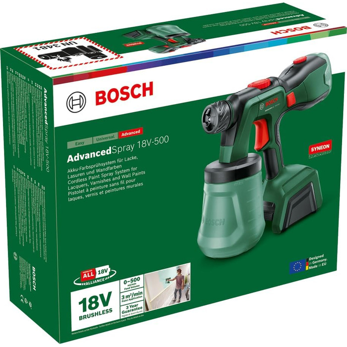 Акумуляторний фарборозпилювач Bosch AdvancedSpray 18V-500 (для емульсійних/латексних фарб, глазурі та лаків 3 м/хв 2 балончика по 1200 мл акумулятор 4 Ач і зарядний пристрій)