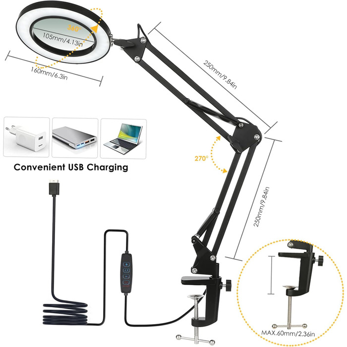 Лупа Neoglint зі світлом, лампа лупи 8 шт. лупа, 64 світлодіоди з регулюванням яскравості, 3 колірні режими, 10 рівнів яскравості, поворотний кронштейн і затискач, лупа зі світлом і підставкою Лампа-лупа (маленька) (чорна)