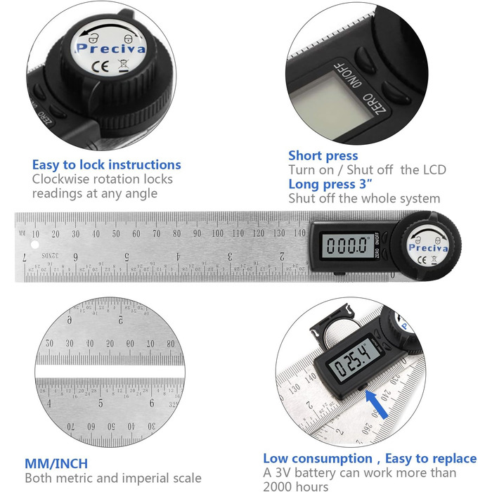 Транспортир Preciva, цифровий фіксуючий скіс Preciva, діапазон вимірювання 000,0 999,9 , деревообробна лінійка з нержавіючої сталі, домашнє завдання - 400 мм / 14 дюймів