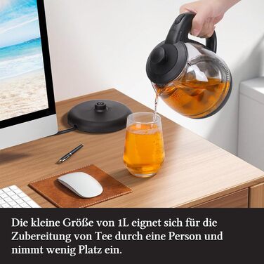 Скляний чайник об'ємом 1 літр LED, електричний чайник 2200 Вт, функція підтримки тепла, знімний фільтр, BPA FREE, для подорожей, кухні чи офісу, Abel