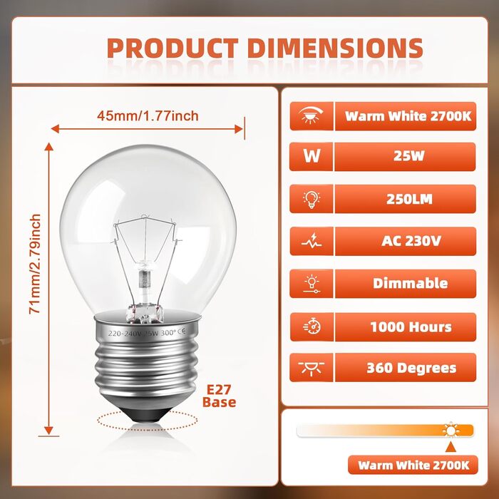 И E27 G45 Лампа для духовки, диммована, термостійка до 300C, Лампа для духовки E27 теплий білий 2700K, G45 прозорі лампи для духовки, лавова лампа, світло для сауни, 2 шт.