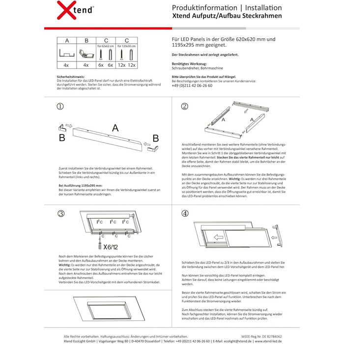 Монтажна рамка Xtend EcoLight 5 шт. для LED панелі 620x620мм 62x62см, колір алюмінію білий для поверхневого монтажу, кліпса, безгвинтова збірка 5 шт.