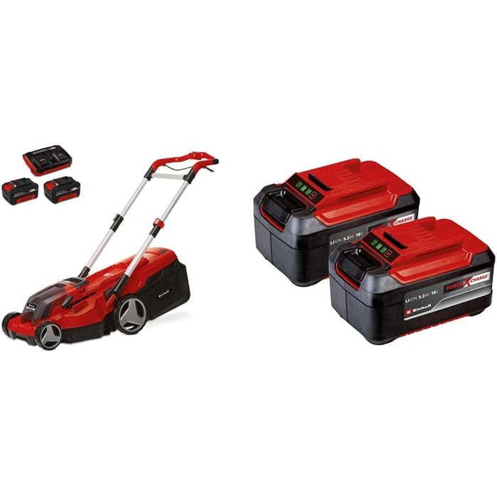 Акумуляторна газонокосарка Einhell RASARRO 36/38 Kit Power X-Change (36 В, ширина зрізу 38 см, 450 м, безщіткова, функція мульчування, травозбірник на 45 л, в комплекті 2 акумулятора по 4,0 Ач, 2 акумулятора по 5,2 Ач подвійний зарядний пристрій)