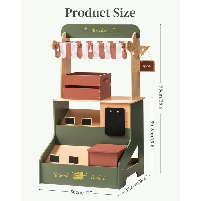 Дерев'яний дитячий магазин ROBOTIME у вінтажному зеленому кольорі, включаючи коробку, казкові ліхтарі, дзвіночок і дошку, рольову торгову палатку з набором харчових іграшок, для хлопчиків і дівчаток віком від 3 років і старше