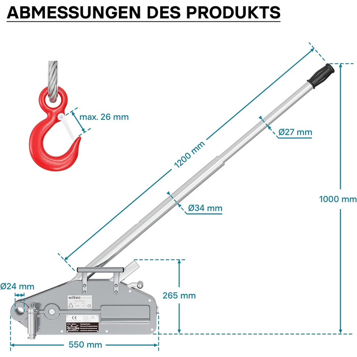 Канатний підйомник Wiltec до 1600 кг лебідка з канатом 20 м, ручна канатна лебідка зі сталевим канатом Ø 11 мм, лісова лебідка зі зрізним штифтом, ручний канатний підйомник з вантажним гаком