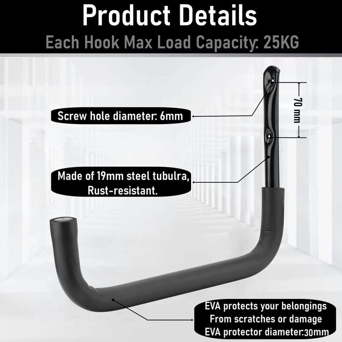 Настінний гігантський гачок для зберігання, 32 см / 12.6 дюймів надміцна утилітарна підвісна стійка для дошки для серфінгу, драбини, байдарки чорна