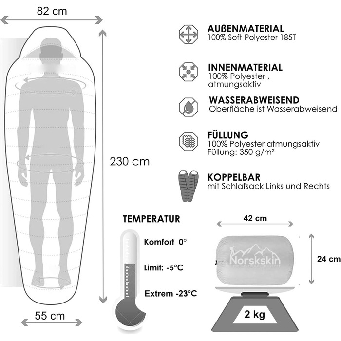 Легкий спальний мішок Norskskin 4 сезони від 0C до -23C - довгий спальний мішок для мумії (230 x 82 см) - водовідштовхувальний спальний мішок на відкритому повітрі з відділенням для подушки на блискавці зліва