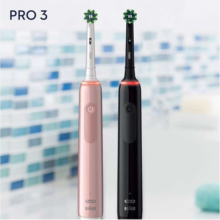 Електрична зубна щітка Oral-B Pro 3 3900, 2 шт. и, з 2 акумуляторними ручками, технологія Braun, 2 змінні головки, видимий датчик тиску, рожевий/чорний