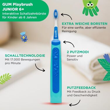 Електрична зубна щітка GUM Playbrush JUNIOR 6 Інтерактивний ігровий додаток 2 режими очищення Дуже м&39яка щетина Батарея на 8 тижнів Таймер звукова зубна щітка, акумуляторна 2 додаткові насадки для щіток Синій