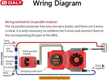 Паралельний модуль DALY BMS 1 A з вентилятором Smart BMS LiFePo4 8S 24 В 250 А та портом CAN, Bluetooth-ключ Smart BMS для літієвих акумуляторів 3,2 В, інвертор, ДБЖ та домашня система зберігання (Li-ion 16S 60V CAN BT, 250A FanParallel Module1A)