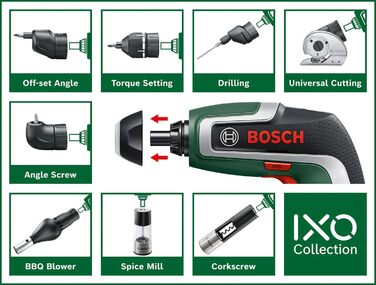 Акумуляторний шуруповерт Bosch IXO 7-го покоління, 3.6 В, 2.0 Агод, 5.5 Нм, комплект з кутовим кріпленням, кабелем micro USB