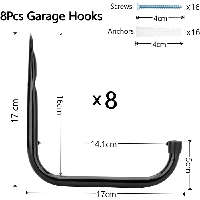 Гачок для гаражної драбини, 17 см, міцний, настінний, вішачка для велосипеда, драбина, складні стільці та громіздкі предмети (17 см x 17 см), чорний, 8 шт.