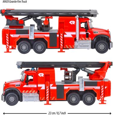 Пожежна машина від 3 років (22 см) - повністю обладнана пожежна машина Mack Granite для дітей, з висувною драбиною (35 см), кошиком, гумовими шинами, синім світлом та сиреною