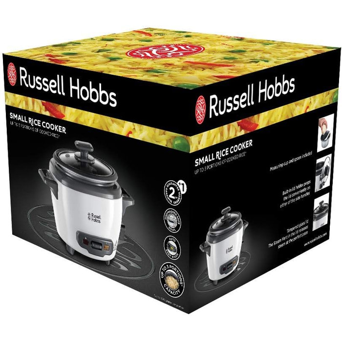 Рисоварка Russell Hobbs міні маленька 0,4 л (функція збереження тепла, каструля з антипригарним покриттям, ложка для рису та мірна чашка, також ідеально підходить для кіноа та кускусу, підігрівач рису) 27020-56