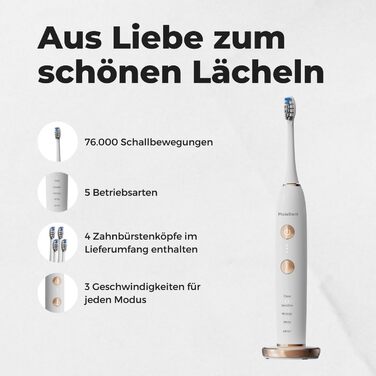Електрична зубна щітка PixieDent 4 змінні щітки 5 режимів роботи Дорожній кейс для звукової зубної щітки 3 рівні потужності Ультразвуковий таймер Датчик тиску 96 000 рухів звукової хвилі білий