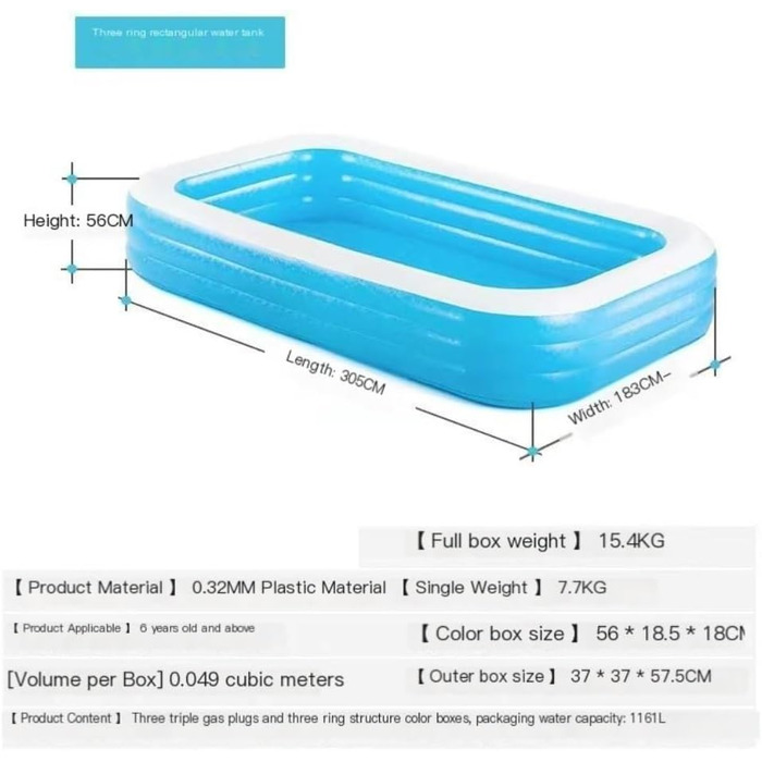Надувний басейн Надувний басейн, Прямокутний басейн, Сімейний басейн, Розваги на свіжому повітрі, Надувний басейн Басейн дитячий (62*175*51см) 62*175*51см Синій