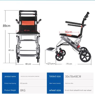 Універсальна надлегка транспортна інвалідна коляска - Розбірна портативна інвалідна коляска з ручним гальмом - Візки для літніх авіаперельотів, 001