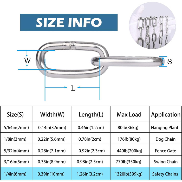 Подовжувач ланцюга Hannger з нержавіючої сталі - 5 м 3 мм Металеві підвісні котушки безпеки Міцний ланцюг до 80 кг Завантажуваний для тіньових вітрил Прикраса огорожі Намисто для собак Орнамент ліхтаря Повітряна йога (2 метри, Ø 6 мм)