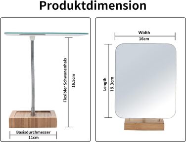 Гнучке дзеркало для макіяжу гусяча шия з бамбука, обертається на 360, 20,3 см, велике, безрамне, складне, портативне, настільне настільне дзеркало з підставкою, для ванної, гоління, макіяжу