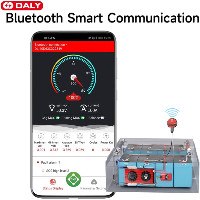 Паралельний модуль DALY BMS 1 A з вентилятором Smart BMS LiFePo4 8S 24 В 250 А та портом CAN, Smart BMS Bluetooth ключ для літієвих акумуляторів 3,2 В, інвертор, ДБЖ та домашня система зберігання (Li-ion 17S 60V CAN BT, 200AParallel Module1A)